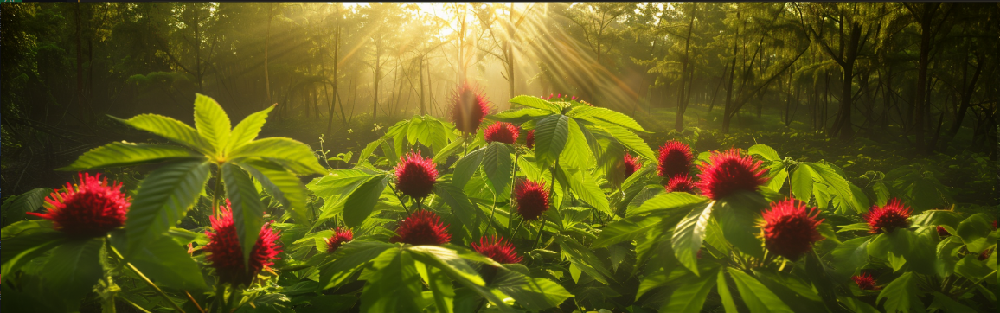 The ripening castor oil plant is bathing in the morning sunlight.